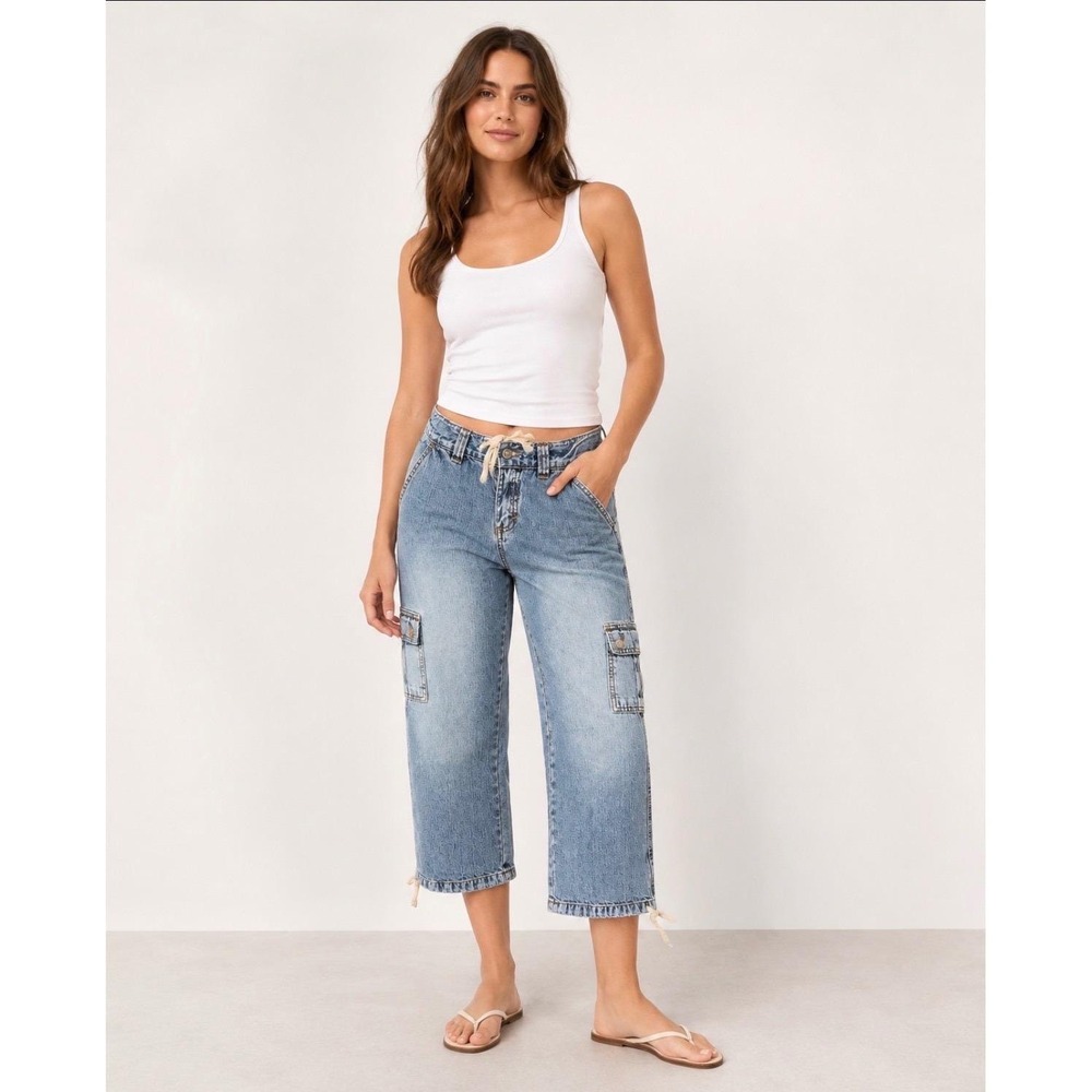 Aeropostale Vintage Y2K Cargo Jeans Light Wash Drawstring Crop Denim Pants 7/8